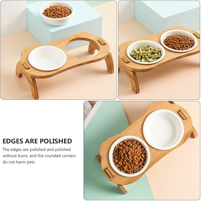 DOITOOL Raised Cat Feeding Bowls Set, Tilted White Ceramic Bowls with Wooden Stand, Spine Protection Elevated Pet Food and Water Feeder for Indoor Cats and Kittens