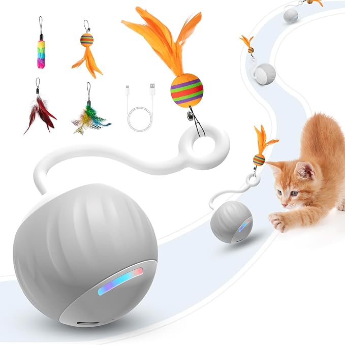Upgraded Interactive Cat Toys Ball for Indoor Cats - Cat Ball Features Touch and Voice Activation, 2 Speed Settings (Fast and Slow), Interchangeable Tail Attachments for Bored Indoor Cats (Grey)