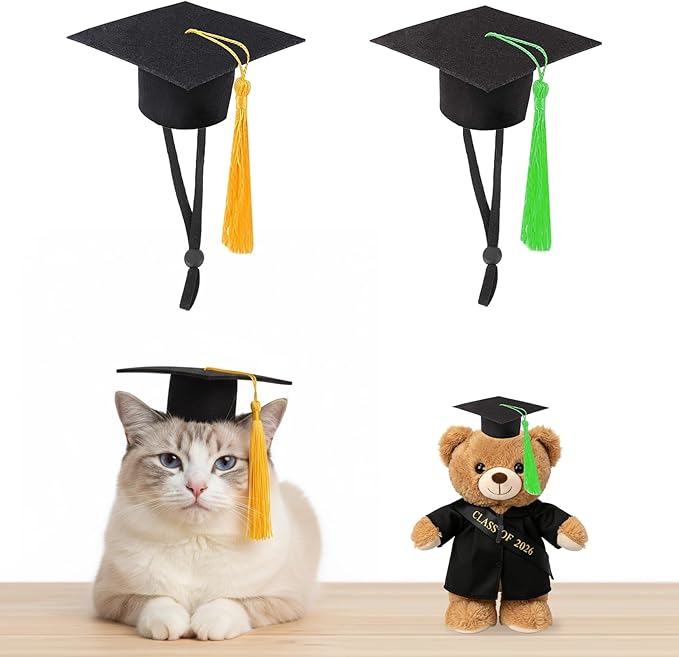 Mini Graduation Caps with Gold and Green Tassel, 2 Pack Black Mini Graduation Caps, Small Animal Bachelor Hats for Adjustable Pet Graduation Photo Props Cat Dog Holiday Costume Accessories
