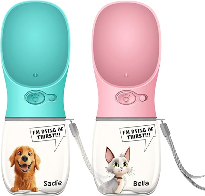 Personalized Dog Water Bottle - Custom 3D Cartoon Pet & Name, Portable Leak Proof Water Dispenser with Drinking Feeder, Dogs Cats Travel Walking Hiking Gifts for Pet Owners