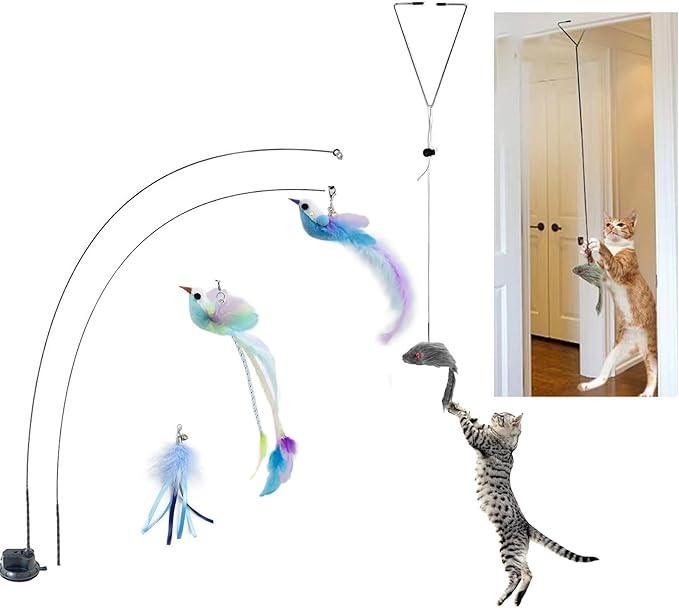 Cat Toys Interactive Hands-Free 8 Pack Cat Toys for Indoor Cats Toy Wand Natural Bird Feather,Hanging Door Lure Kitten Toy, Suction Cup Pet Indoor Dancing Playing Toys, Suction Cup Pet Playing