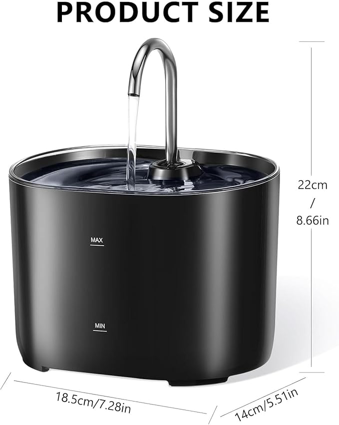 Automatic Cat Water Fountain, 2.2L Pet Fountain, Silent Dog Water Dispenser with Replacement Filters and Stainless Steel Tray for Cats, Dogs, Multiple Pets,Black