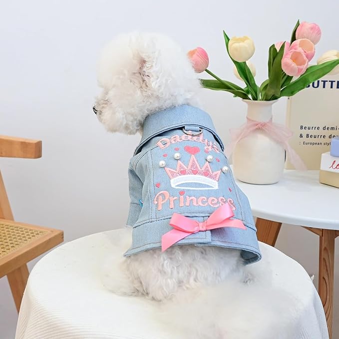 Denim Dog Jacket for Small Dogs & Cats, “Daddy’s Princess” Embroidered Pet Coat with Pearls & Bow, Light Blue Jean Outfit with D-Ring, Cute Apparel for Walks, Photos, Parties & Holidays(XL)