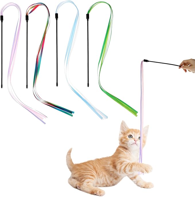 4 Pcs Ribbon Cat Toy,Interactive Cat Toy String,Colorful Kitten Toys Ribbon,Ribbons Toys for Cats for Indoor Cats for Kittens Teaser Training Exerciser Playing Accessories