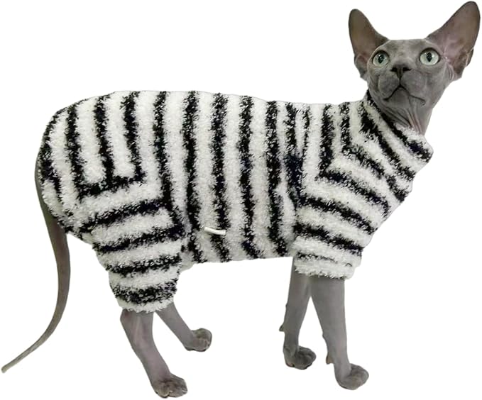 Sphynx Cat Clothes Four Leg Fleece Pajamas Super Soft Elastic Pet Clothes for Hairless Cat Surgery Recovery Suit Cat for Sphynx Devon Cornish (Black White Stripe, Medium)