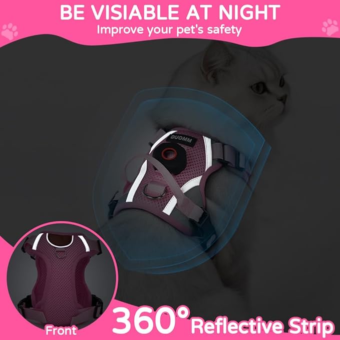 Cat Harness and Leash Set with Holder Compatible with AirTag, Escape Proof Kitten Harness with Lead for Small Cats, Soft Mesh Puppy Jacket Vest for Outdoor Walking, Reflective & Adjustable, Pink, S