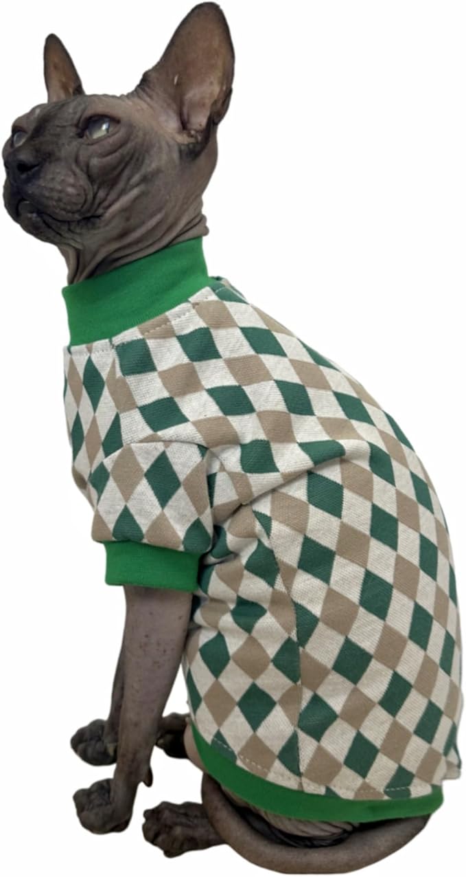 Vintage Mulan Cotton Sphynx Hairless Cats Shirt Cat Turtleneck Pet Clothes Kitten T-Shirts with Sleeves for Sphynx Cornish Rex, Devon Rex, Peterbald (Rhombus Green, Small)