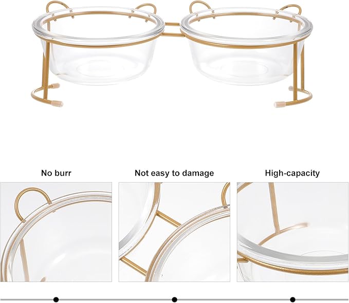 Outanaya Glass Double Pet Feeding Bowl Set with Raised Gold Iron Stand 2-Compartment Glass Cat and Dog Bowl for Household Feeding and Watering for Cats and Dogs