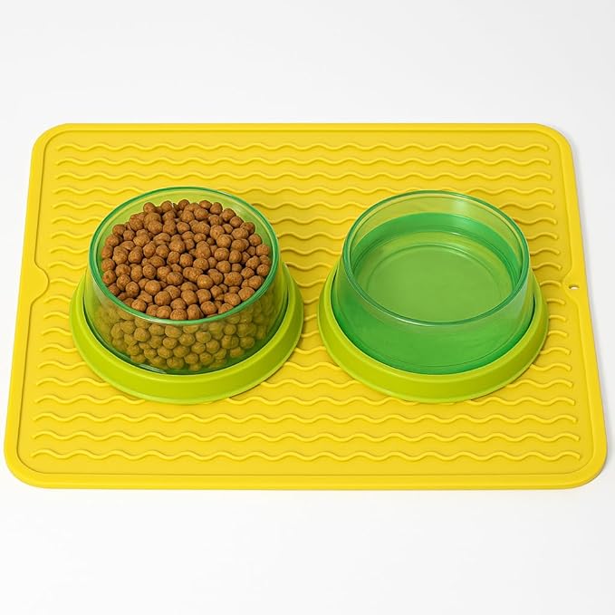 Silicone Pet Feeding Mat for Dogs, Cats, Small Animals, Non-Slip Waterproof Food and Water Mat with Raised Edge, BPA-Free Convenient Hook Storage by Dependable Industries (Yellow, 12 x 16 inch)