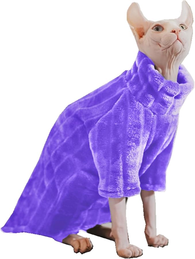 Turtleneck Sweater for Sphynx Cat Soft Coral Fleece Cat Clothes Thick Winter Warm Outfit Coat for Hairless Cats and Small Dogs Apparel with Sleeves (Purple, L (7-8.5 lbs))