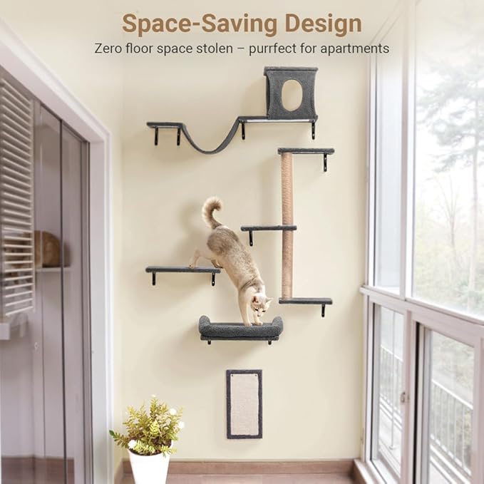 PawGiant Cat Wall Shelves, 5-in-1 Cat Furniture Set, Wooden Cat Climber with Perches, Condo House, Bed, Scratching Post & Board for 16inch Drywall and Solid Wall