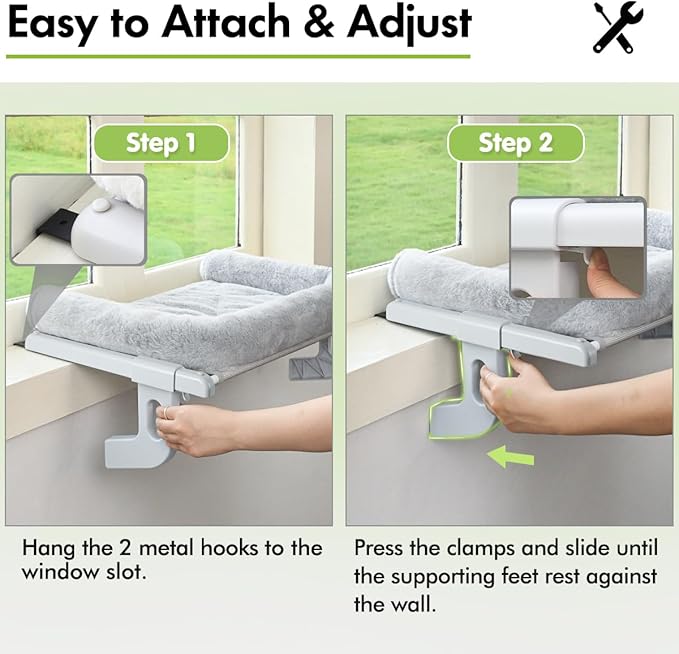 Zoratoo Cat Window Sill Perch with Large Bolster, Easy to Adjust & Assemble Cat Window Seat for Windowsill & Bedside, Pet Hammock Bed for Large Cats and Kittens (Grey, M)