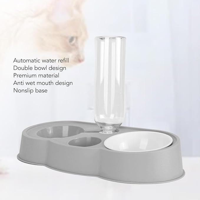 Double Pet Bowl Set, Non - Slip Stable 2-in-1 Food & Water Bowl with Automatic Water Dispenser Bottle, Feeding Station for Cats, Small Dogs and Mini Pets (Gray)