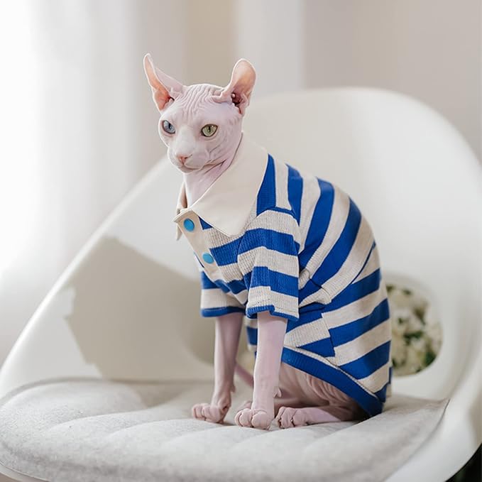 Sphynx Cat Shirt Cotton Hairless Kitten Polo T-Shirt with Sleeves Pullover Cat Pajamas for Sphynx Cornish Rex, Devon Rex, Peterbald (Blue White Polo, XX-Large)
