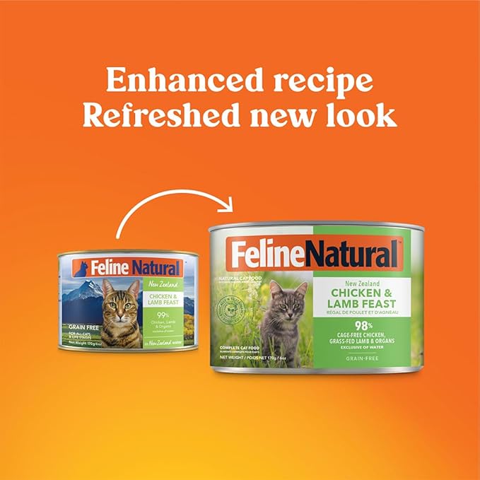 Feline Natural New Zealand Canned Catfood Wet Food, High-Meat, Low-Carb, & Grain Free Cat Food Wet, Chicken and Lamb Feast, 6 oz, Pack of 12