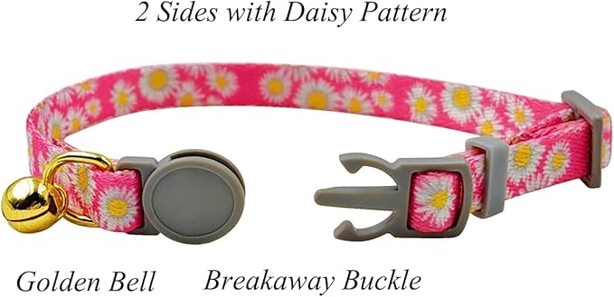 2 Pack Cat Collar, Daisy Floral Pattern, Breakaway Safe Release Buckle, Clear Bell, Polyester Material, for Adult Cats.(Pink+Green)