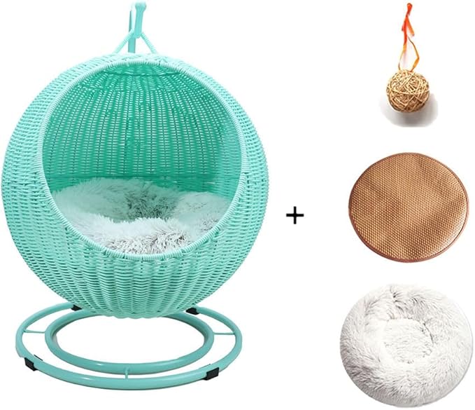 Elevated Rattan Pet Hammock Nest Cat & Dog Bed - Breathable, Raised, Outdoor Cat Furniture (Natural-C)