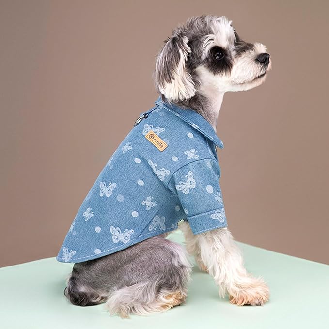 Unisex Pet Denim Shirt for Cats & Small Dogs, Soft Washed Denim, Collared Button Down with Back D-Ring, Breathable Cotton, Spring/Summer/Fall (Small, Shirt-Light Blue with Butterfly)