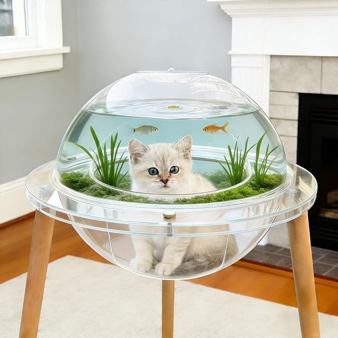 2 in 1 Acrylic Cat House with Fish Tank, Clear Cat Bed with Wooden Legs, Modern Cat Cave Indoor with Aquarium Base, Transparent Cat Pod Bed Furniture for Cats, 23.6" L × 23.6" W × 20.5" H