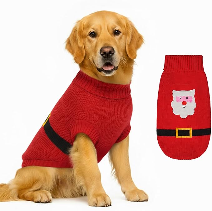 Dog Sweater Knitted for Small to Large Dogs Boy Girl, Classic Turtleneck Dog Christmas Sweaters, Warm & Soft Pet Clothes for Winter (Santa Claus, 2XL)