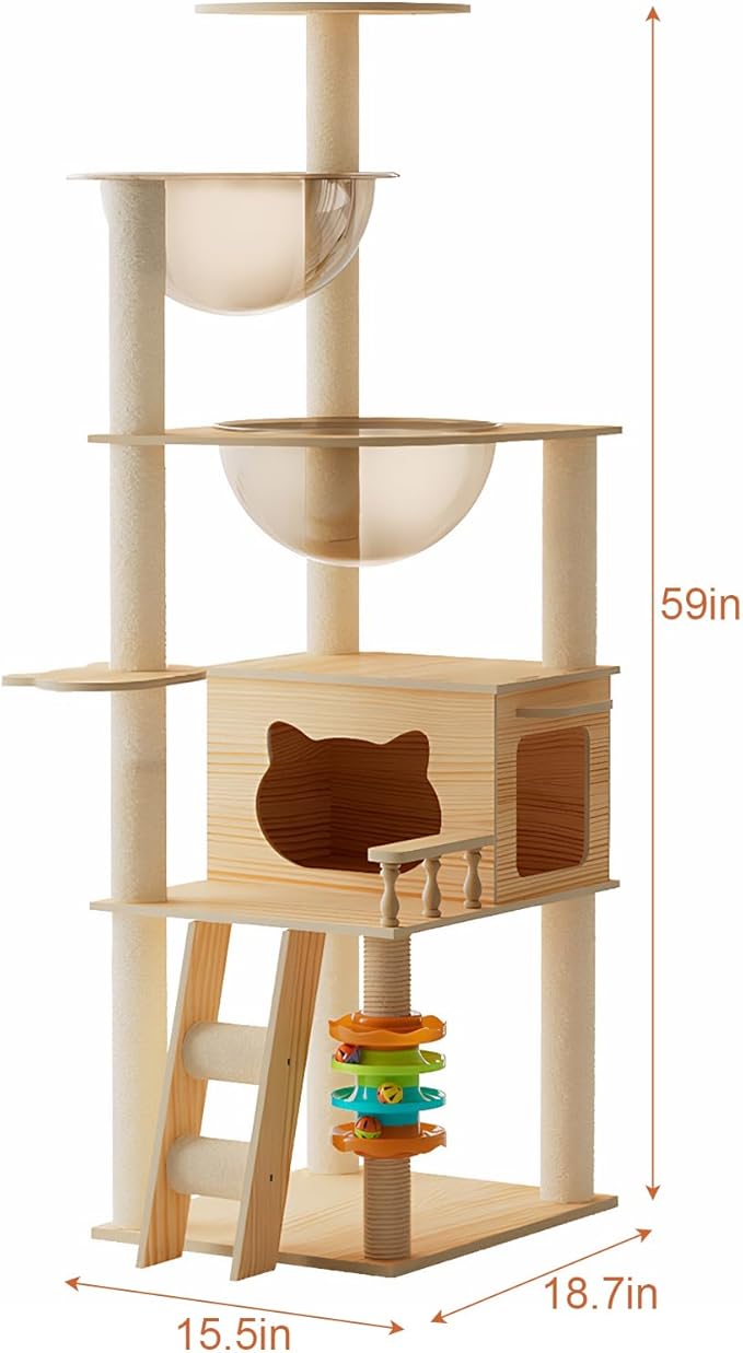 Modern Cat Tree Tower, Solid Wood Cat Condo with Scratching Posts, Multi-Level for Indoor Cats, Indoor Cat Furniture for Large Cats and Kittens (59")