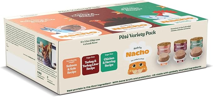 Made by Nacho Pate Wet Cat Food Variety Pack, Chicken, Salmon, and Turkey, 5.5 Ounce Cans, Grain-Free Canned Pet Food, Bone Broth Infused for Hydration, Limited Ingredients, 12 Pack