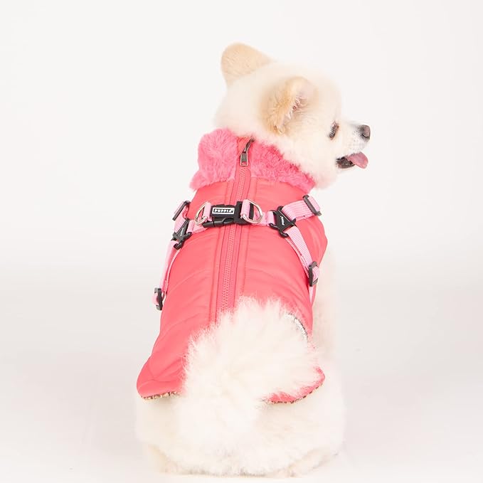 Puppia Donavan Winter Dog Coat with Integrated Harness No Pull Cold Weather Waterproof Warm Fleece Back Zipper for Small & Medium Dog, Pink, Small