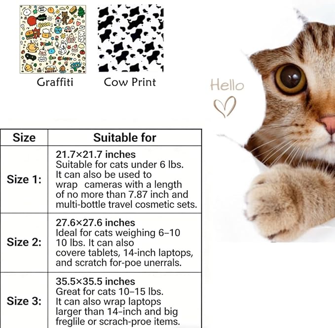 Pet Grooming Wrap: Self-Adhesive Soft Blanket Restraint Tool for Cats/Small Dogs. Prevents Escaping, Ideal for Grooming & Electronics Protection (21.7×21.7 in, Fits Under 6 lbs Cats, Graffiti)