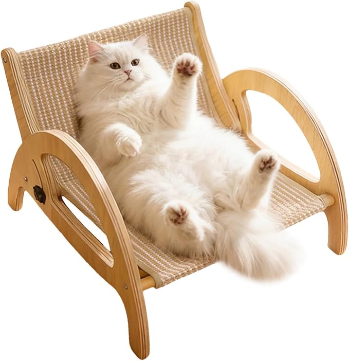 Cat Scratcher Couch, Pet Scratch Lounge, Wooden Frame Recliner, Sisal Claw Panel Adjustable Back Support, Furniture Protector Space Saving Design, Indoor Kitten Resting Bed Carpet
