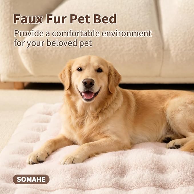 SOMAHE Large Dog Bed Mat, Extra Large Plush Faux Fur Washable Pet Bed for Large Dogs, Non-Slip Fluffy Dog Mat – Machine Washable XL Dog Sleeping Pad for Large Breeds, 35 x 27 Inch White