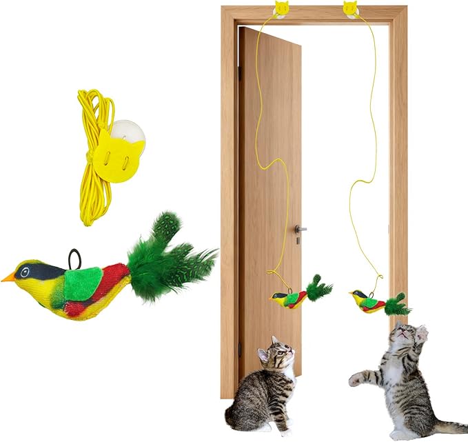 Battery-Free Flying Bird Cat Toy for Indoor Cats,Physically Generates Realistic Chirps, with Suction Cup Adhesive Strips & Lanyard (Green)