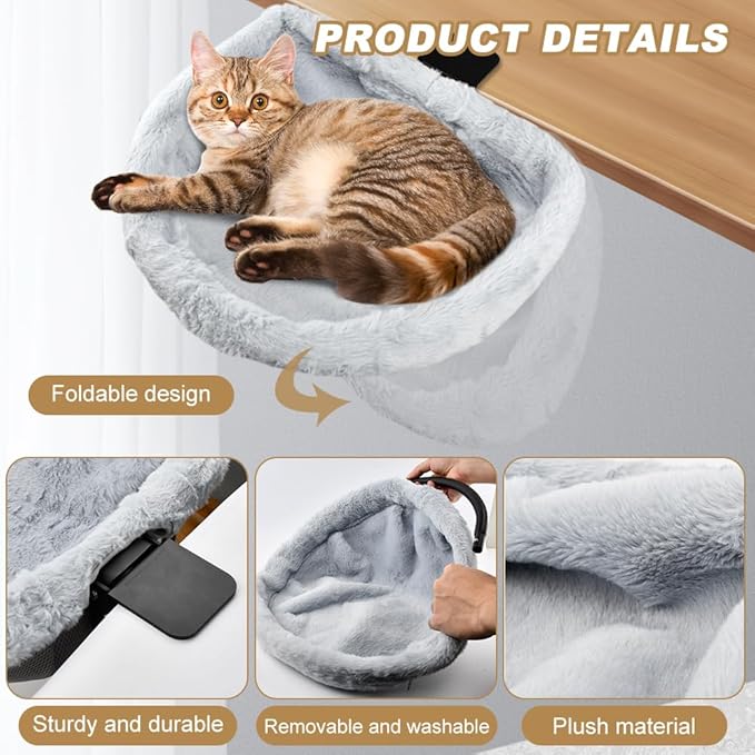 Cat Desk Bed, Ca-t Bed for De-sk, Modern Cat Desk Hammock for Various Desktops, Dual Clamps & Sunken Hammock Design, Holds Up to 40lbs(Color:Light Gray)