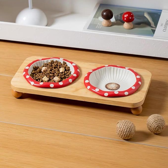 Ceramic Cat Bowl Set with Wooden Stand - Raised Elevated Food & Water Dishes to Prevent Black Chin, Slow Feed for Digestion, Non-Slip Stable Base for Dry & Wet Food