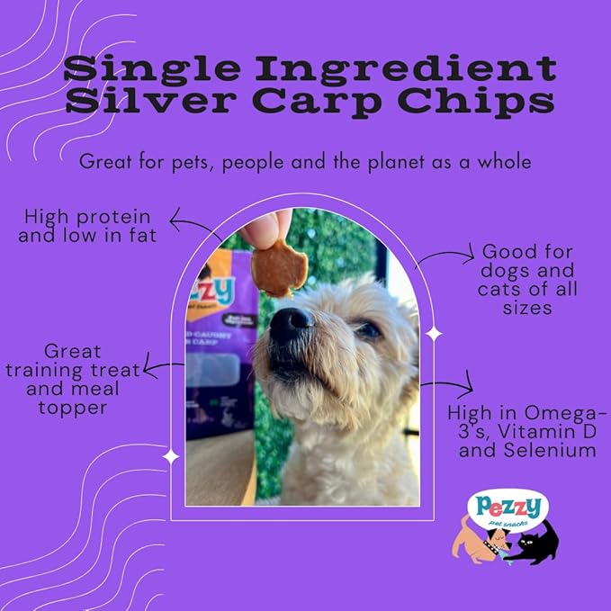 Pezzy Pets Silver Carp Chips Dog & Cat Treats | Single Ingredient | Wild Caught | Made w/Invasive Fish | Grain Free | High Protein + Low Fat | Hypoallergenic | Made in The USA (2 Pack)