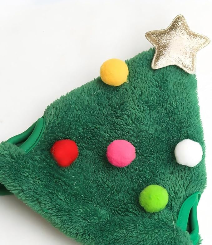 Christmas Tree Hat & Bib Set for Pets, Adjustable Dog Cat Costume with Pom-Pom for Xmas Party & Photos(S)