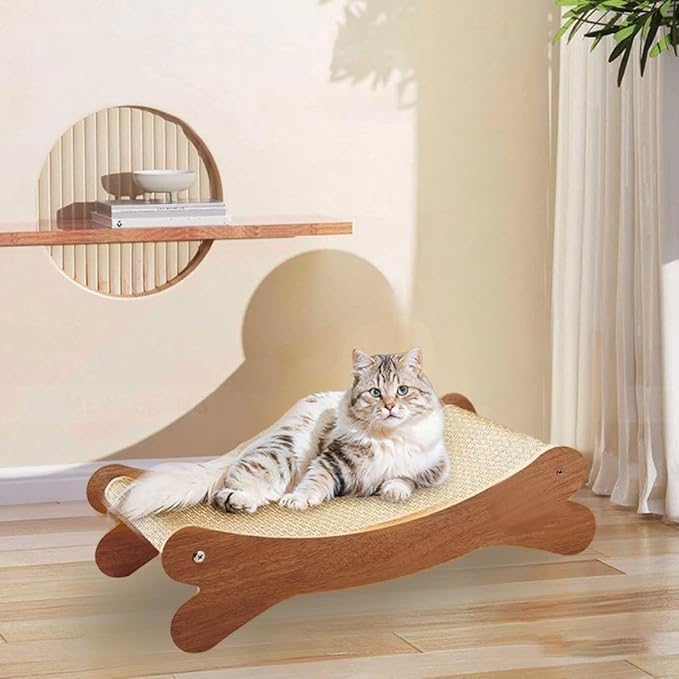 2-in-1 Cat Scratch Chair, Elevated Bed, Hammock Beach Chair Lounger, Wooden Cat Furniture, Cats Lounger with Sisal Mat, Hammocks, Cats Beds Pet Bed Mat (Coffee_15x12Inch)