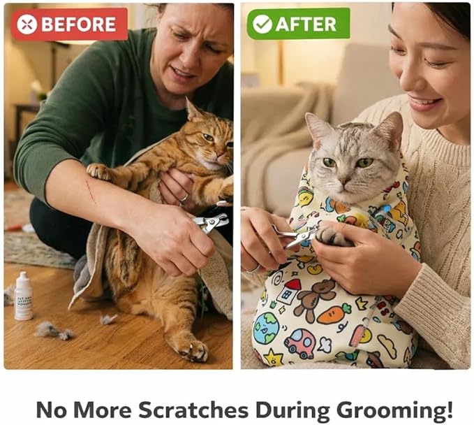 Cat Grooming Wrap for Nail Clipping, Self-Adhesive Cat Burrito Restraint Wrap, Anti-Scratch Cat Swaddle for Bathing, Soft Microfiber 70×70cm Fits Cats Up to 14lbs, Cartoon Doodle Print