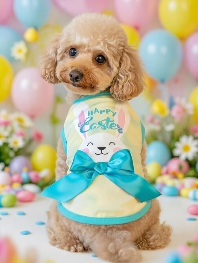 Small Dog Happy Easter Outfit Bunny Shirt & Bandanas Pet Cat Clothes Vest Yellow L