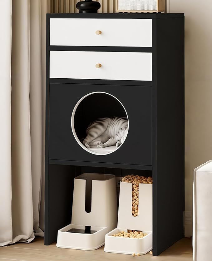 Multi-Function Cat House Furniture, Solid Wood Cat Condo with Storage Drawer, Pet Bed & Feeding Area, Compact Cat Cabinet (Black & White,19.6" L*15.7" W*41.3" H)