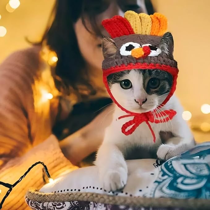 Crochet Turkey Hat for Cats & Small Dogs, Hand Knitted Thanksgiving Pet Costume, Halloween Party Photo Prop for Kittens and Puppies