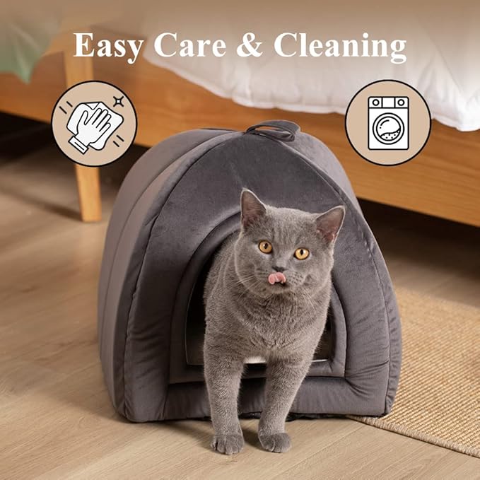 KASENTEX Cat Bed for Indoor Cats, 2-in-1 Cat House Pet Supplies for Kitten and Small Cat or Dog - Animal Cave, Cat Tent with Removable Washable Pillow Cushion (Dark Grey 15x15x15)