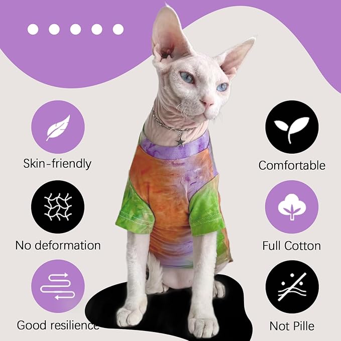 QBLEEV Sphynx Cat Clothes, Hairless Cats Rainbow Rendering T-Shirt for Spring Summer Autumn, Breathable Cat Wear Clothes Vest Shirts for Sphynx, Cornish Rex, Devon Rex, Peterbald