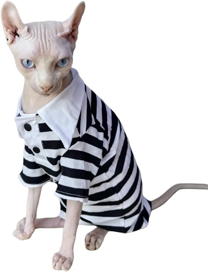 Sphynx Cat Shirt Cotton Hairless Kitten Polo T-Shirt with Sleeves Pullover Cat Pajamas for Sphynx Cornish Rex, Devon Rex, Peterbald (Black White Polo, XX-Large)