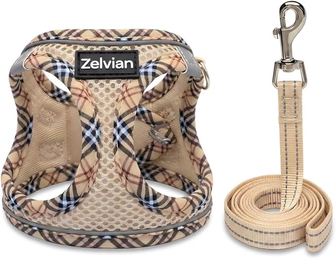 Cat Harness and Leash Set for Walking, Escape Proof Adjustable Soft Mesh Kitten Harness with Reflective Strips, Breathable No-Choke Pet Vest for Small Cats or Puppies(Beige,S)