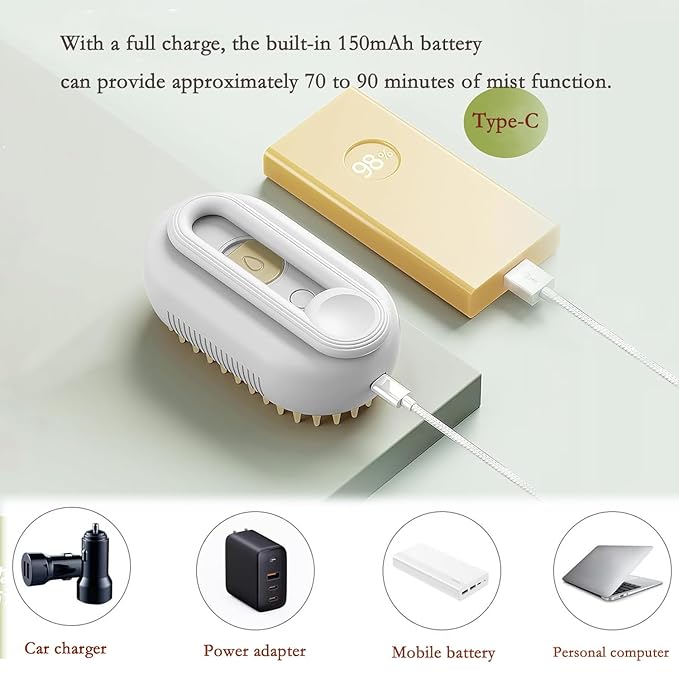 3-in-1 Cat & Dog Grooming Brush, Steam & Massage, USB Rechargeable, White, All Hair Types, Pet Owners (Cats & Dogs), Unisex