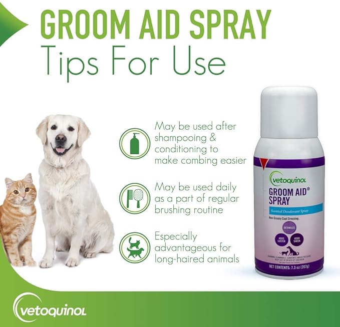 Vetoquinol Groom Aid Spray - Non-Greasy Grooming Spray for Cats & Dogs - Supports Silky Coat & Tangle-Free Fur - Quick Absorbing Fur Conditioner - Fresh Scent - 7.3 oz