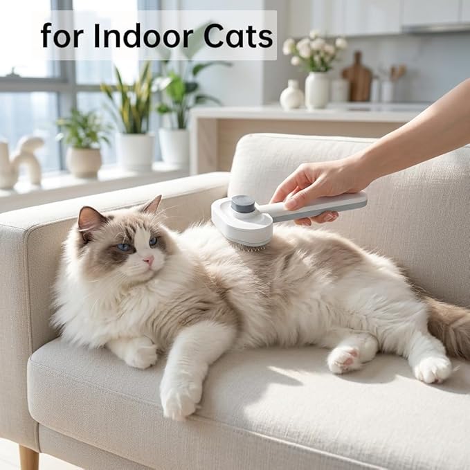 Prime Pets Cat Brush for Shedding, Self-Cleaning Slicker Brush for Long and Short Haired Indoor Cats, Fine Comb Protective Case Included