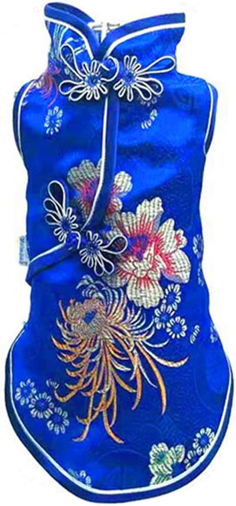SEIS Pet Costume Tang Suit Dog Cheongsam Satin Clothes Chinese Style Clothing for Dogs Pet Skirt Puppy Cats Dress Dog Vest Tshirt (Blue, XXS)