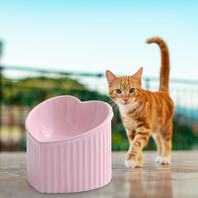 Heart Shaped Cat Dish for Food Or Water, Slanted Ceramic Bowl with Stable Base, Pink