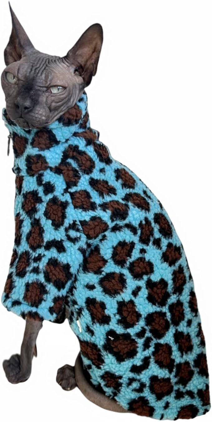 Turtleneck Sphynx Cat Winter Clothes, Double-Sided Fleece Jacket with Zipper, Sweater for Sphynx Cat Winter Warm Outfit Coat for Hairless Cats and Small Dogs Apparel with Sleeves (Leopard, Large)